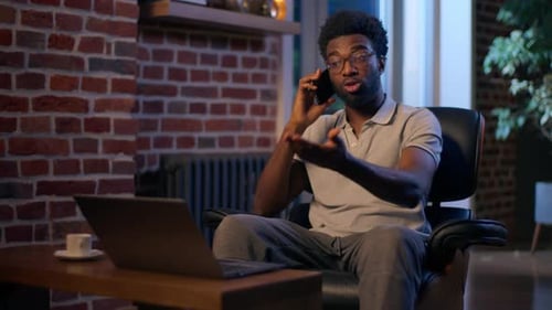 African American Business Man Call Mobile Phone Entrepreneur Businessman Overtime in Night Office