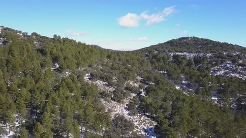 Aerial revealing shot of many snowed mediterranean hills full of pines in the south of Spain.