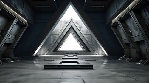 Futuristic, angular interior with a large triangular window