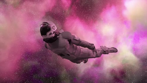 Un astronaute survole des nuages violets, combinaison spatiale, couleur fluo, les nuages tournent autour du