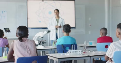 In school, teacher in lab coat explaining science to students in classroom