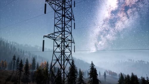 Milky Way Galaxy and Power Line Tower in Night Sky