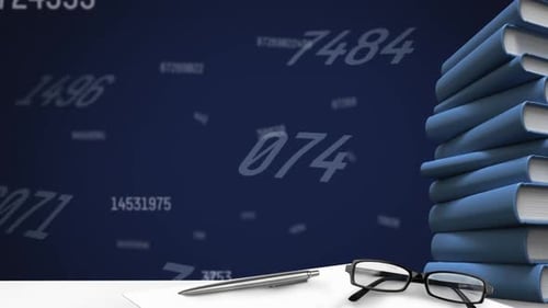 Digital animation of glasses and stack of books against multiple changing numbers on blue background