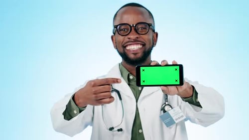 Doctor, face and green screen of phone in studio for advertising healthcare service
