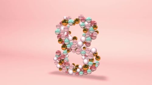 Number 8 eight made of beads, glass balls, pastel pearls, crystal jewels and gold on pink background