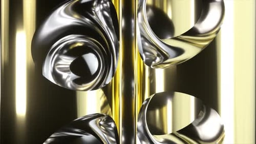 Metallic Silver and Gold Spheres Rotating Around a Central Golden Rod with Abstract Shapes and