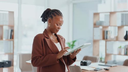 Creative, review or black woman on tablet for startup, post schedule or online update research