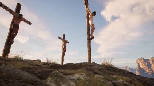 Three Crosses on Calvary Hill, Religious Easter Scene