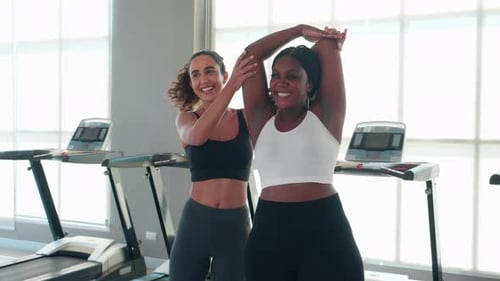 Coach or instructor training woman workout with warm up and stretch muscle arm in fitness gym.