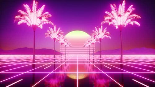 Neon Glowing Palm Trees And Road Synthwave Backdrop Loop