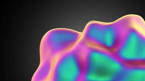 Moving shiny colorful abstract fluid organic shape object on dark black background. Animation loop.