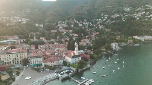Aerial Drone View of the Lake in Como Mountains at Dawn