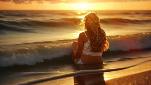 Golden Hour Serenity. Une jeune femme est assise au milieu de douces vagues au coucher du soleil, baignée d'une lumière chaude