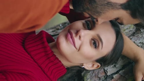 Tender Couple Posing Forest Tree Vertical Closeup Young Pair Romantic Weekend