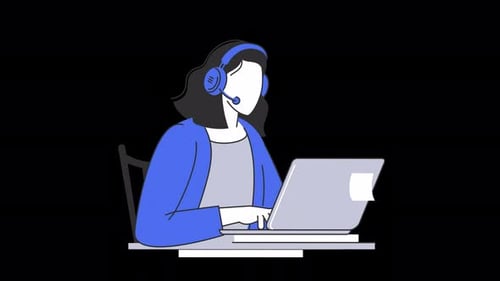 Flat Design Animated Woman Working on Laptop with Headset