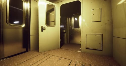 Compartiment de train vide avec parois métalliques et portes ouvertes dans des conditions de faible éclairage