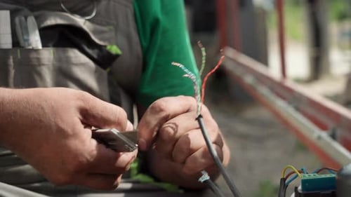 Electrician Exposing Wires with a Utility Knife