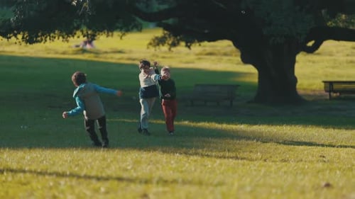 Happy Children Playing Tag Running in Sunny Park