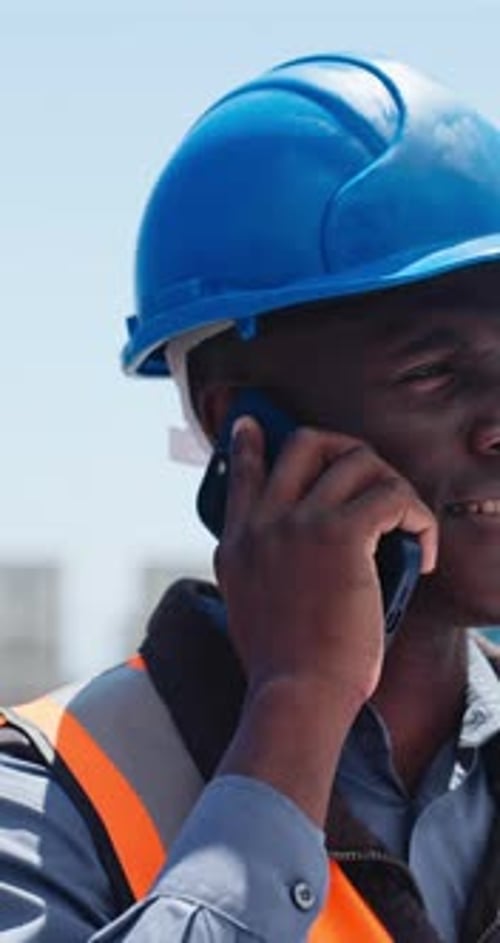 Construction, builder or black man with phone call for negotiation, material delivery