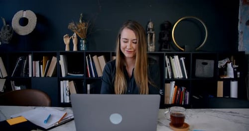Working From Home on Self Isolation Young Caucasian Business Woman Using Laptop to Work Online on