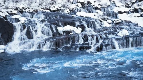 Winter Waterfall in Iceland Snowy Mountain and Cold Glacier River Pure Blue Water