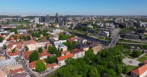 Scenic Aerial View Above Vilnius, Lithuania towards Modern Skyline