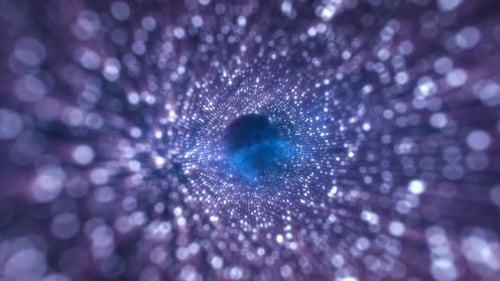 Tunnel of purple energy particles bokeh glowing bright abstract background