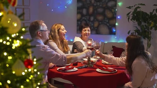 Family toasting red wine at Christmas Dinner