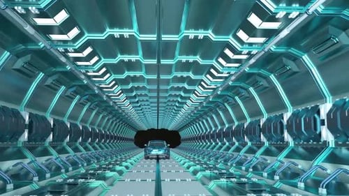Futuristic Blue Car Moving in a High-Tech Digital Tunnel
