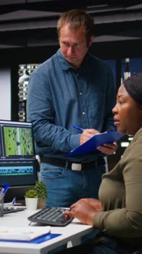 Vidéo verticale Une équipe diversifiée de spécialistes collabore à un projet de montage de films