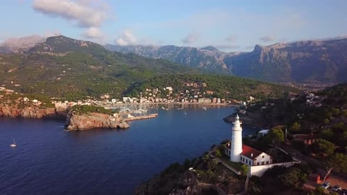 Aerial landscape view with a white lighthouse in Port de Soller, Mallorca, Spain