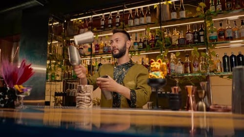 A professional bartender juggles a shaker in his hands. The process of making cocktails in a club