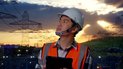 Close Up Of Asian Male Engineer Looking At The Tablet In His Hand Near High voltage tower