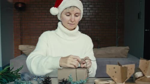 Woman Wrapping Christmas Gifts with Rustic Decorations