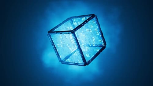 Konzept der Blockchain-Technologie. Würfel mit Binärzahlen in der Wolke. Reibungslose Animation. Cloud-Technologie