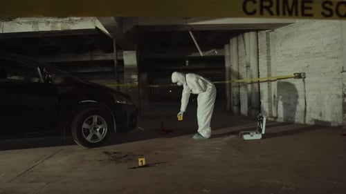 Investigator Collects Evidence at Crime Scene in Garage