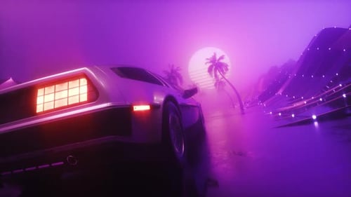 Futuristic Synth Wave Backdrop Of Riding Sports Car At Foggy Road With Landscape Loop
