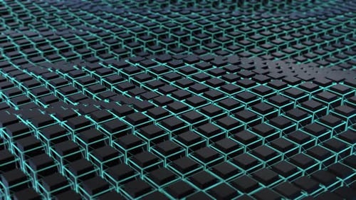 Abstract 3D field of moving waves made of black cubes and hi-tech blue lines , 4k , 60 fps