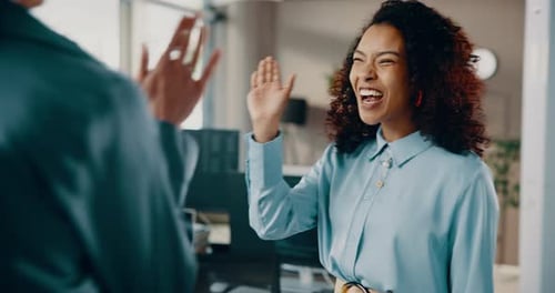 Business, people and walking with high five in office for KPI growth, campaign success or teamwork