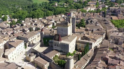 View of beautiful town of Uzes, Gard department, France. Aerial view of the historic town of Uzes, F