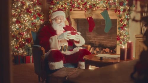 Santa Claus with Gift in Christmas Decorated Home