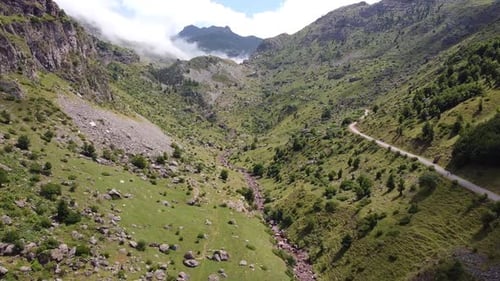 Spanish Pyrenees, Spain - Aerial Drone View of the Hiking Trail in Valle de Aguas Tuertas Valley