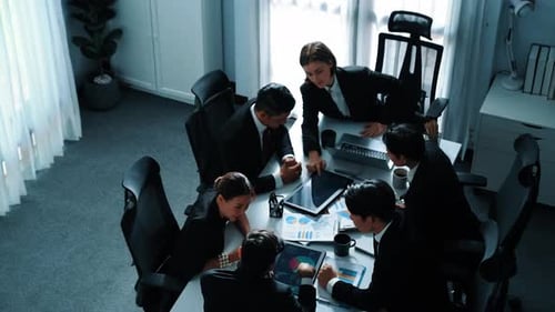 Top view people placed tablet at table while planning strategy. Directorate.
