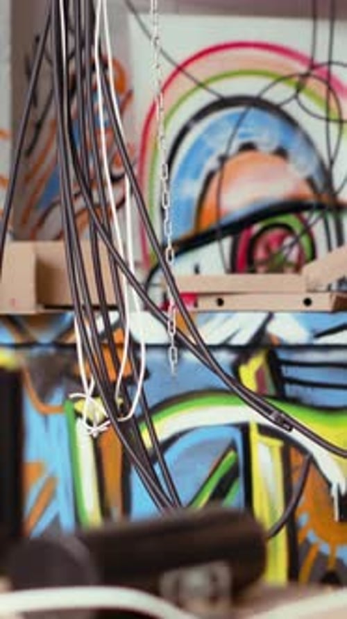 Vertical Video Close Up Shot of Electric Cables Hanging in Desolate Building with Graffiti