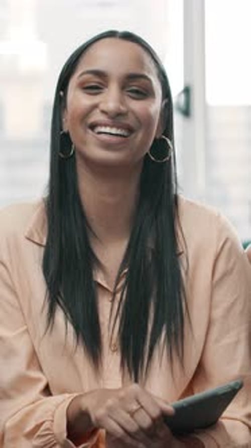 Tablet, creative and face of business woman in office with confidence, pride and editing career