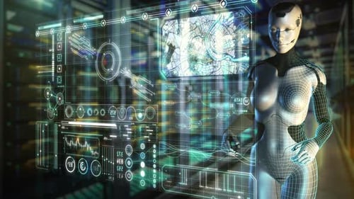 Ein humanoider Roboter bedient eine futuristische Schnittstelle mit geographischen Daten
