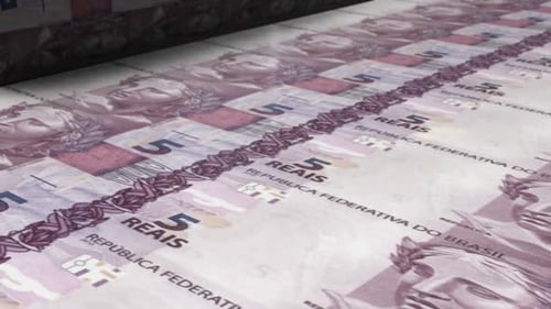 5 Brazilian Real Bills On Money Printing Machine