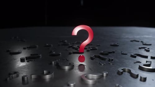 Einzelnes rotes Fragezeichen auf metallischer Oberfläche in abstrakter 3D-Szene