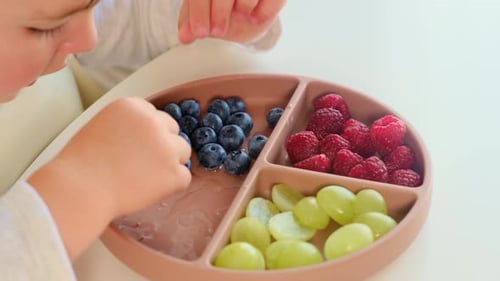Toddler Eating Fresh Fruit at Table
