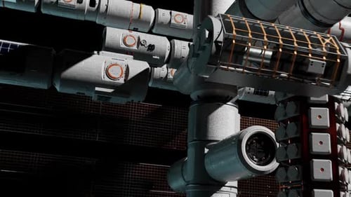 Raumstation fliegt im Weltraum, das Konzept der Entwicklung der Weltraumtechnologie.